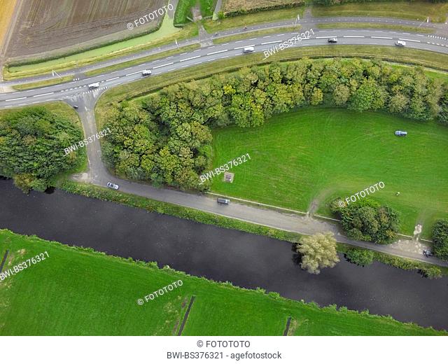 aerial view to rest area between road and waterway, Netherlands, Noordwijk aan Zee