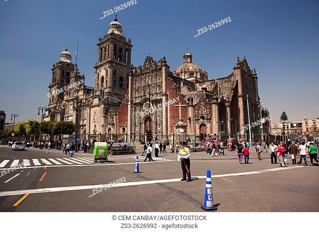 View to the Metropolitan Cathedral in Plaza de la Constitucion, El Zocalo, Mexico City, Mexico, Central America