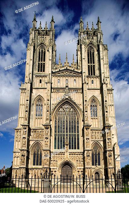 The facade of the Gothic style Beverley Minster (13th century), administrative division of the East Riding of Yorkshire, United Kingdom