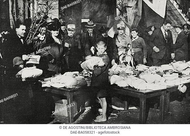 Distribution of Christmas packages to children in Rijeka, Croatia, from L'Illustrazione Italiana, Year LI, No 1, January 6, 1924