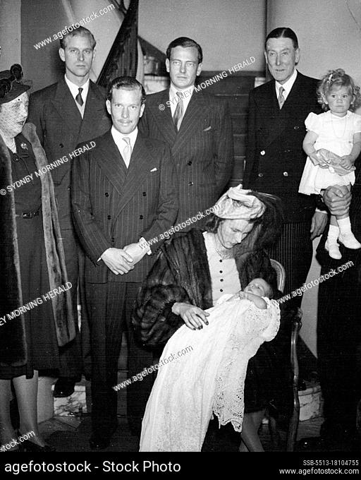 Lt. Mountbatten God-Parent At ChristeningPicture at Lt. -Col. Philips' home in Grosvenor-square, London, today, following the christening ceremony are (left to...