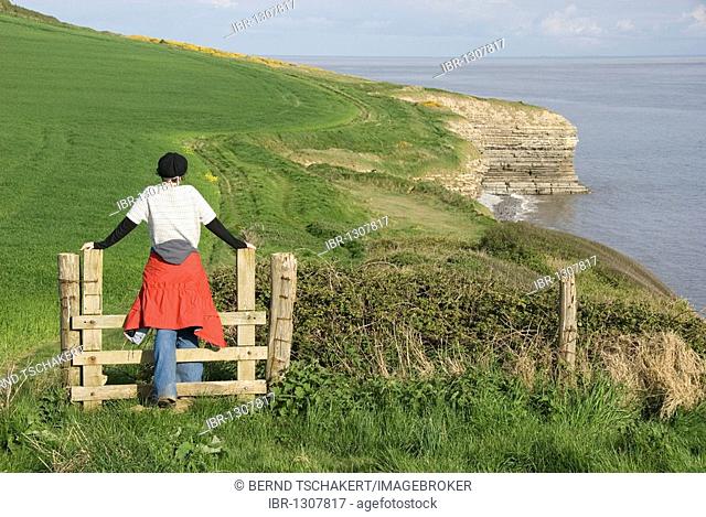 Woman climbing over a stile, overlooking the coast, hiking, Llantwit Major, Wales, United Kingdom, Europe