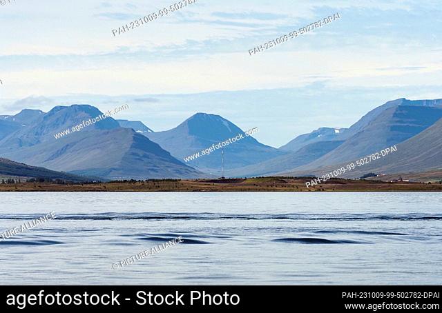 20 August 2023, Iceland, Akureyri: The shore of Eyjafjördur fjord against the backdrop of mountains. Photo: Soeren Stache/dpa
