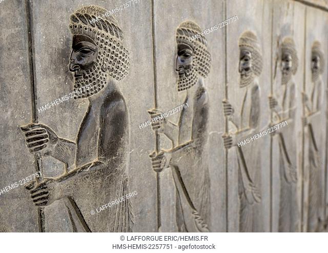 Iran, Fars Province, Persepolis, listed as World Heritage by UNESCO, bas-relief depicting susian guards in apadana