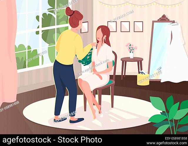 Bridal makeup flat color vector illustration. Preparation for marriage ceremony. Beautician service for bride. Prepare for wedding