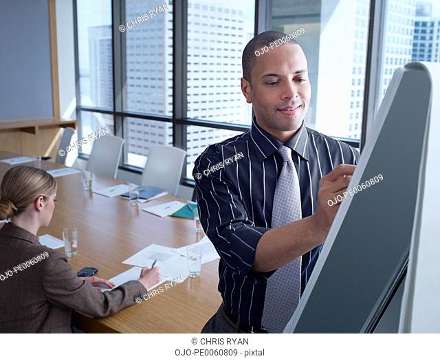 Businessman writing on easel in boardroom with businesswoman at table