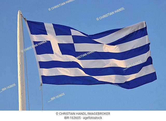 Greek flag, Oia, Santorini, Greece
