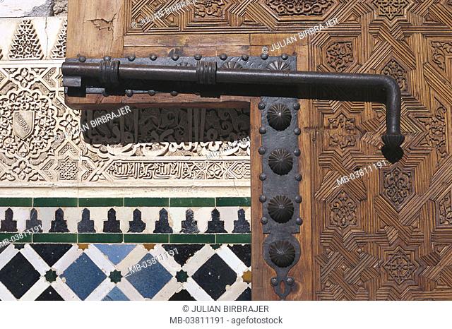 Spain, Andalusia, grain Ada, Alhambra,  Wood door, tiles, mosaic, detail,  Palace, 13.-14. Jh., sight, architecture, architecture, skillfully, artwork, door