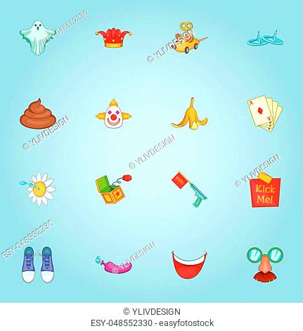 April fool day icons set. Cartoon illustration of 16 april fool day vector icons for web