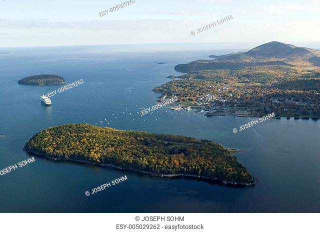 Aerial view of Porcupine Islands, Frenchman Bay and Holland America cruise ship in harbor, Acadia National Park, Maine
