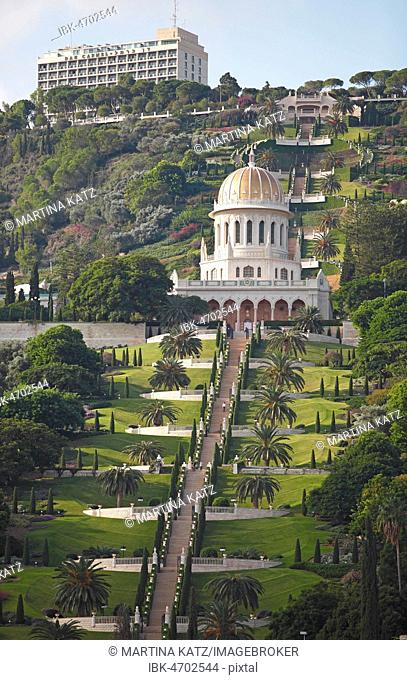 The Gardens of the Bahai on Mount Carmel and Shrine of Bab Tomb with Dome, Haifa, Israel