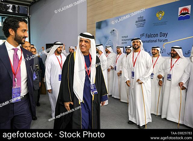 RUSSIA, ST PETERSBURG - JUNE 15, 2023: Sheikh Saud bin Saqr Al Qasimi (C) of the UAE Supreme Council of Rulers attends a ceremony to open the UAE pavilion of...