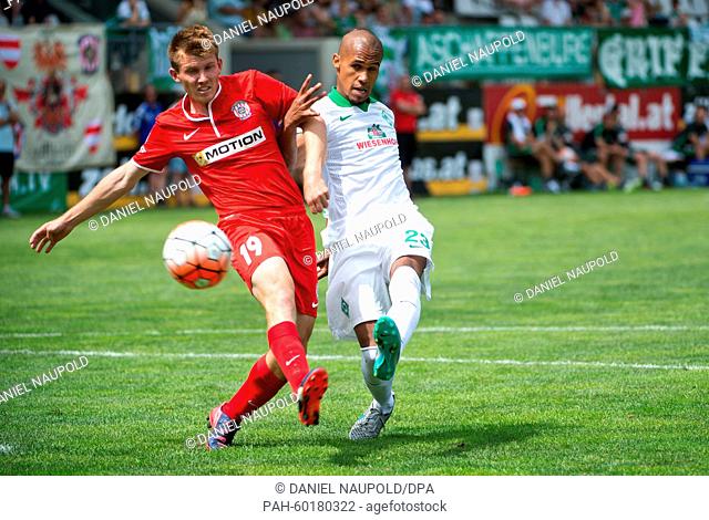 Bremen's Theodor Gebre Selassie (r) and Zbrojovka Brunn's Milan Lutonsky compete for the ball in the friendly match between FC Zbrojovka Brunn and Werder Bremen...