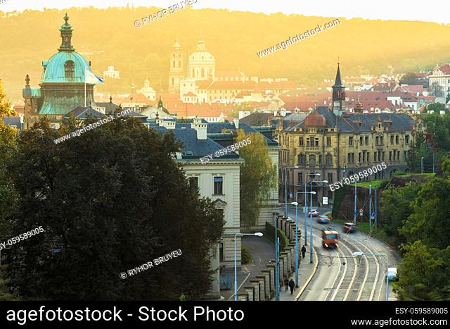 Aerial view of cityscape of Prague, Czech Republic. In left part of the photo we can see the blue dome of the Straka Academy