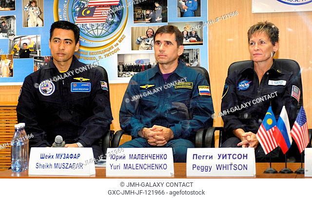 NASA astronaut Peggy A. Whitson (right), Expedition 16 commander; cosmonaut Yuri I. Malenchenko, Soyuz commander and flight engineer representing Russia's...