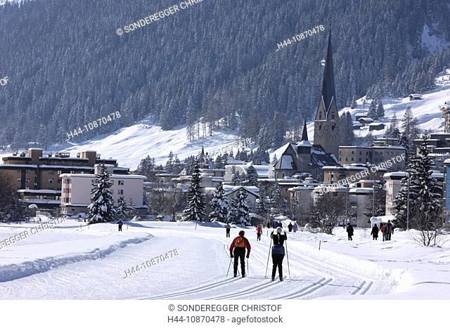 Switzerland, winter sports, cross-country skiing, cross-country, skiing, place, Davos, Davos Platz, church, Saint Johann, canton Graubünden, Grisons