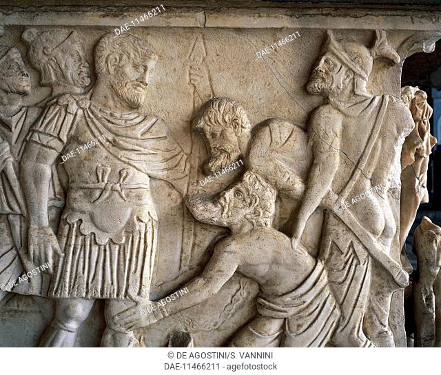Two barbarians kneeling before the Roman emperor, detail from a relief, side wall of a Roman sarcophagus, ca 190, Monumental Cemetery, Pisa, Tuscany, Italy