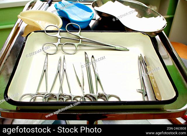 Surgical instruments in a steel tray for operation