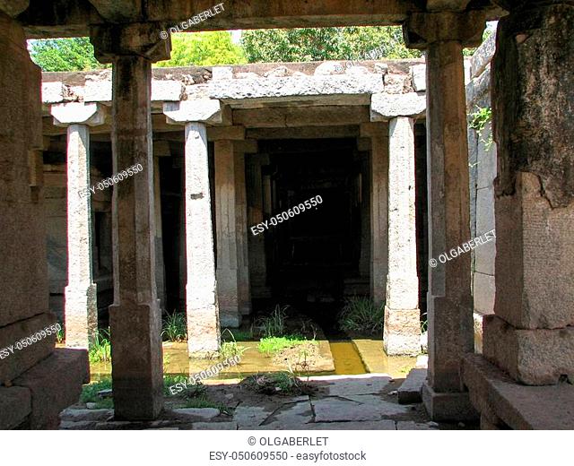 Beautiful columns architecture of ancient ruins of temple in Hampi, Karnataka, India