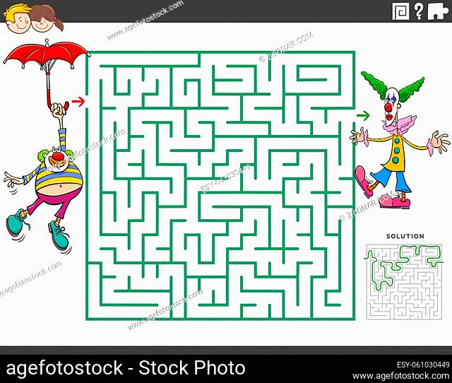 Cartoon illustration of educational maze puzzle game for children with funny clowns characters