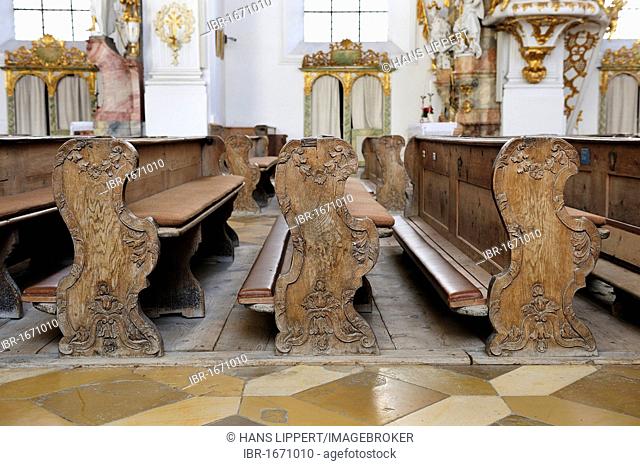 Elaborately carved pews in the Visitationists convent Kloster Dietramszell, Dietramszell, Upper Bavaria, Bavaria, Germany, Europe