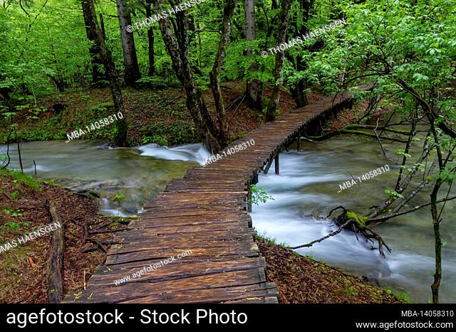a wooden walkway surrounded by trees, waterfalls and greenery in plitvice national park, croatia