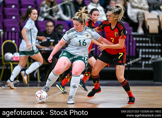 Aimee-Lee Peachey (16) of North-Ireland and Chiara Wielockx (7) of Belgium pictured during a futsal game between Belgium called Red Flames Futsal and...