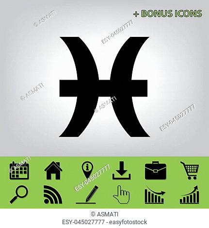 Pisces sign illustration. Vector. Black icon at gray background with bonus icons at celery ones