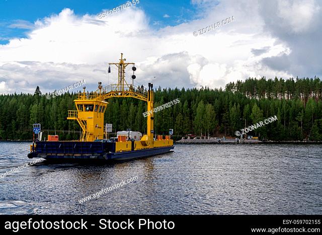 Hanhivirraniemi, Finland - 31 July, 2021: the landing at Enonvesi Lake with the ferry transporting vehicles to the other side