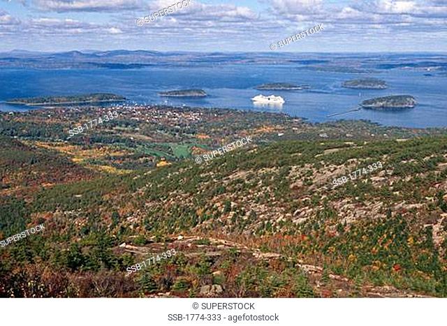 High Angle Aerial View of Bar Harbor and the Porcupine Islands, Maine, USA