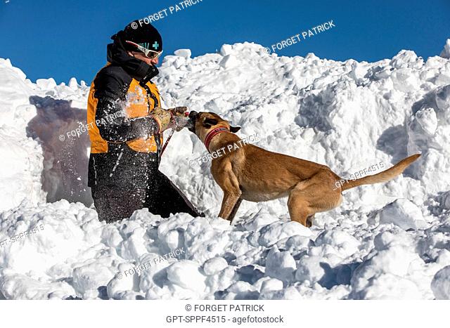 REWARDING THE BELGIAN MALINOIS AFTER THE DISCOVERY OF A VICTIM, REPORTING ON AVALANCHE DOG HANDLERS, TRAINING ORGANIZED BY THE ANENA WITH THE APPROVAL OF THE...