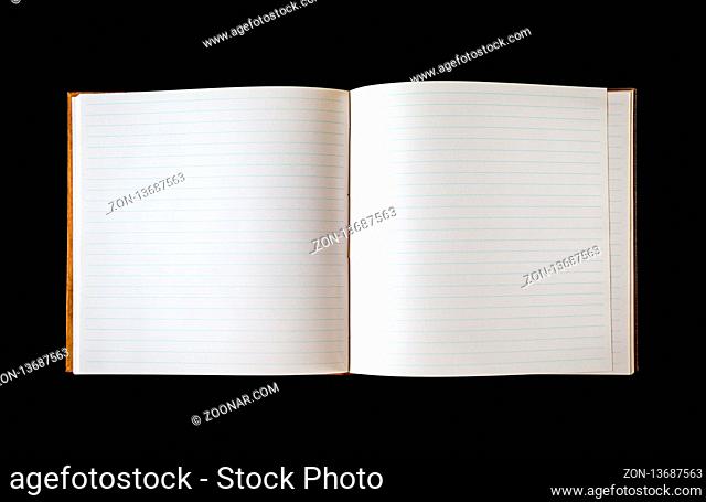 Open blank notebook mockup, isolated on black. Top view