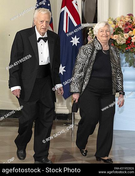 United States Secretary of the Treasury Janet Yellen and George Akerlof arrives for the State Dinner honoring Prime Minister Anthony Albanese of Australia and...