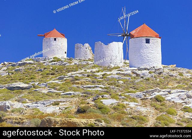 Traditional windmills, Chora, Amorgos, Cyclades Islands, Greece