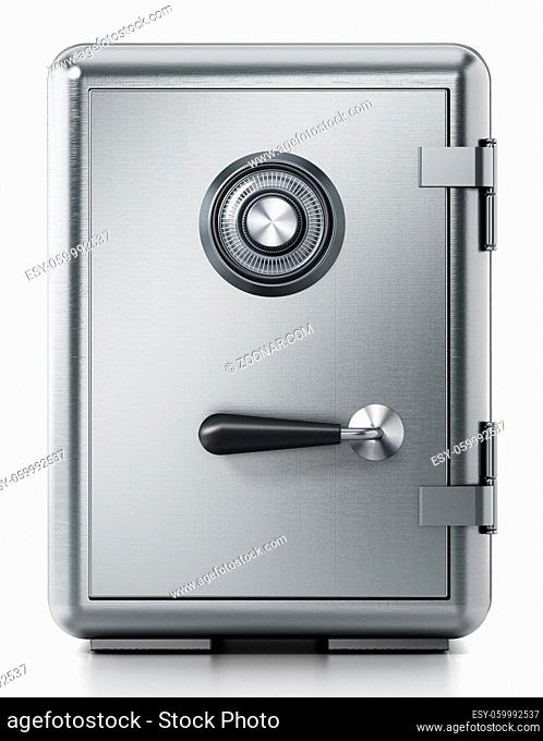 Steel safe with closed door isolated on white background. 3D illustration