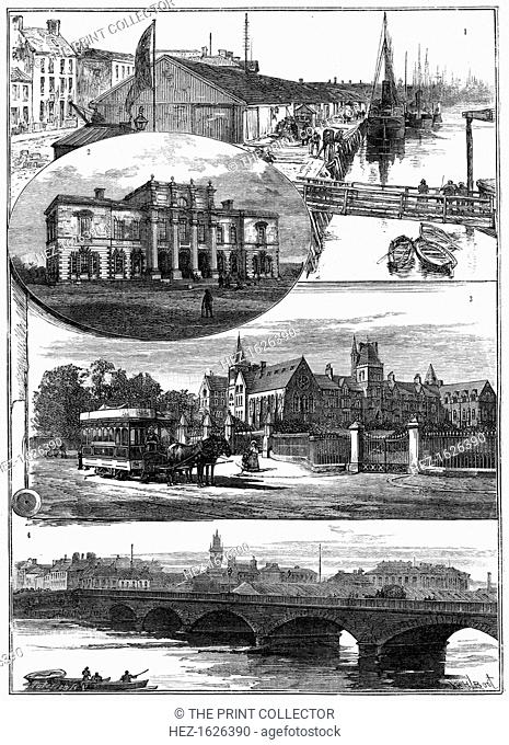 Views of Belfast, 19th century. The Quay, Presbyterian College, Methodist College, Queen's Bridge
