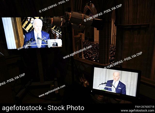 United States President Joe Biden delivers a tribute at the funeral service of former US Senator Bob Dole (Republican of Kansas) at the Washington National...