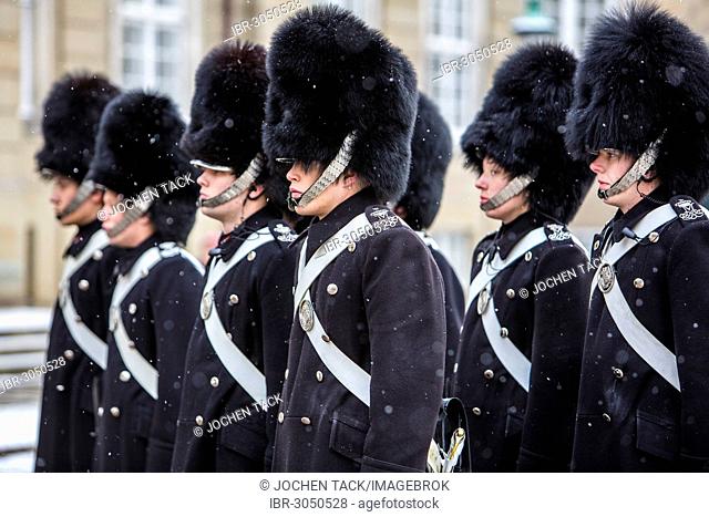 Changing of the guard, royal bodyguards, ceremony outside Amalienborg royal palace
