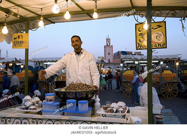 Outdoor food stalls in Djemaa el-Fna, Marrakech, Morocco