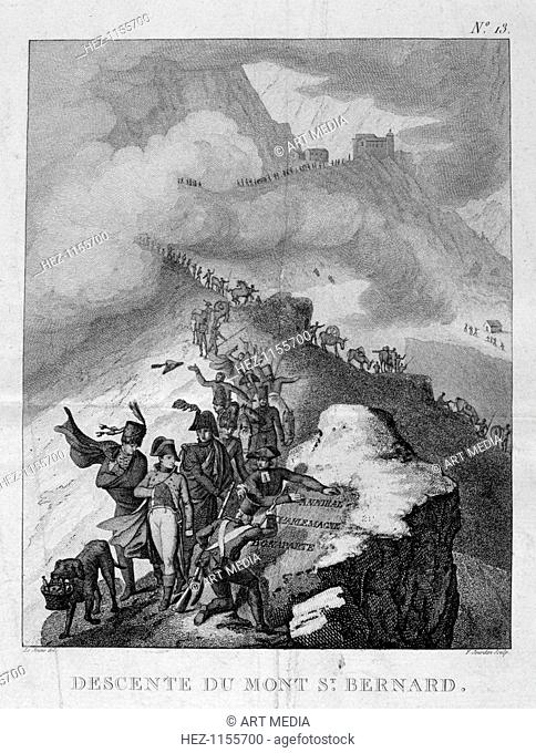 'The descent of Mount St Bernard', 1800. After his appointment as First Consul and Austria's attack on Italy, Napoleon and his troops cross the Alps following...