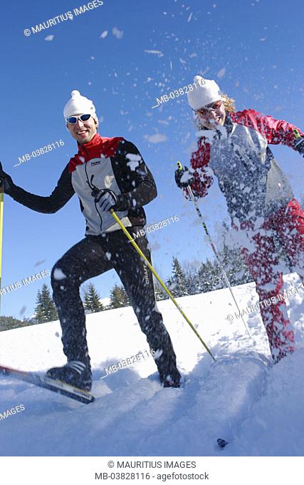 Powder snow, couple, fun, cross-country ski,    Series, northern, skiing, ski, cross-country skier, ski poles, long-running, sport, winter sport