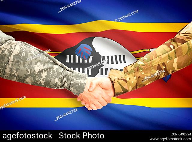 Soldiers shaking hands with flag on background - Swaziland