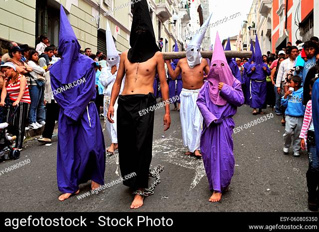 QUITO, APRIL 10: in Old town of Quito, a Catholic procession on Good Friday to remember the death of Jesus Christ, parading through the streets on April 10