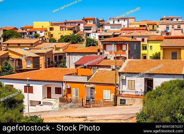 Arzachena, Sardinia / Italy - 2019/07/19: Panoramic view of the town of Arzachena, Sassari region of Sardinia, seen from the monumental Mushroom Rock - Roccia...