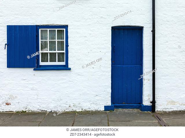 Front of a house at Ulster Folk Museum, Cultra, Holywood, Northern Ireland. Many of the houses and buildings in the museum grounds were transported brick by...