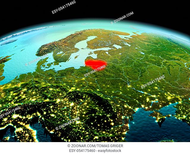 Morning above Lithuania highlighted in red on model of planet Earth in space. 3D illustration. Elements of this image furnished by NASA