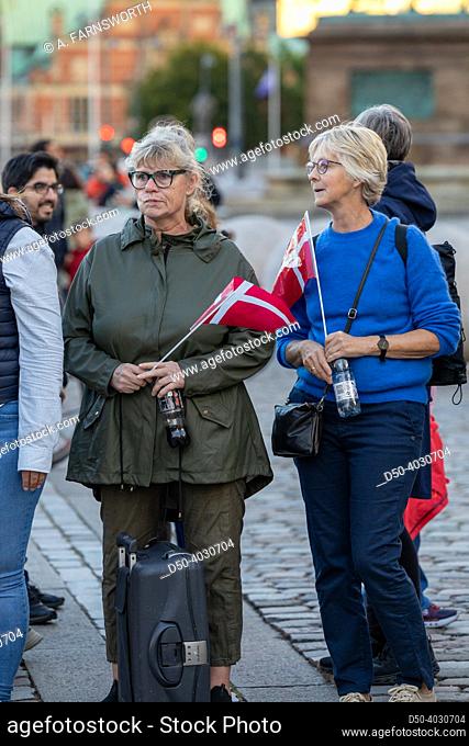 Copenhagen, Denmark Public onlookers as Queen Margrethe II of Denmark arrives for her 50-year jubilee gala dinner at Christiansborg Castle in Copenhagen