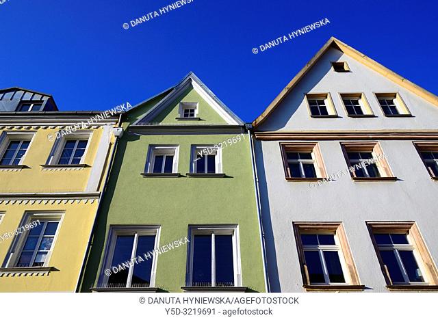 Facades of historic townhouses against blue sky, Maximilianstrasse - main touristic promenade in old town, Bayreuth, capital of Upper Franconia, Bavaria, Bayern