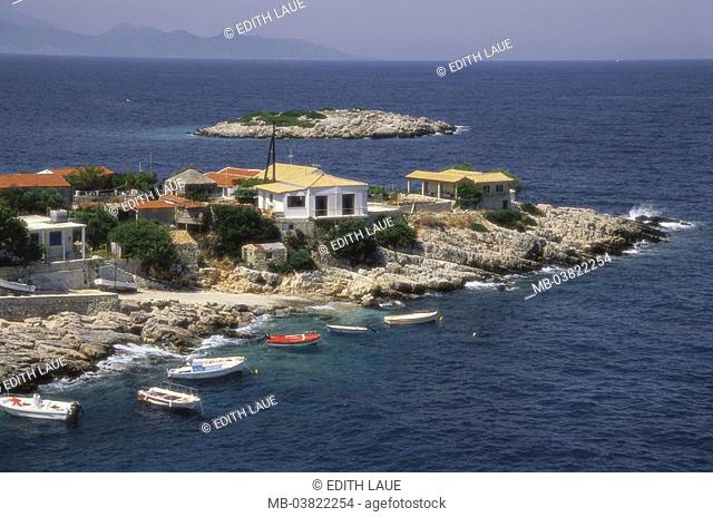 Greece, Zakynthos, Makris Gialos,  Coast, rocks, houses, boats,   Ionic islands, rock coast, headland, buildings, nature, water, island, rock island, small
