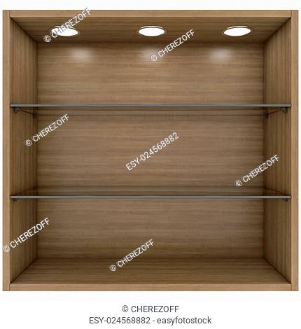 Wooden and glass shelves with built-in lights. Isolated render on a white background